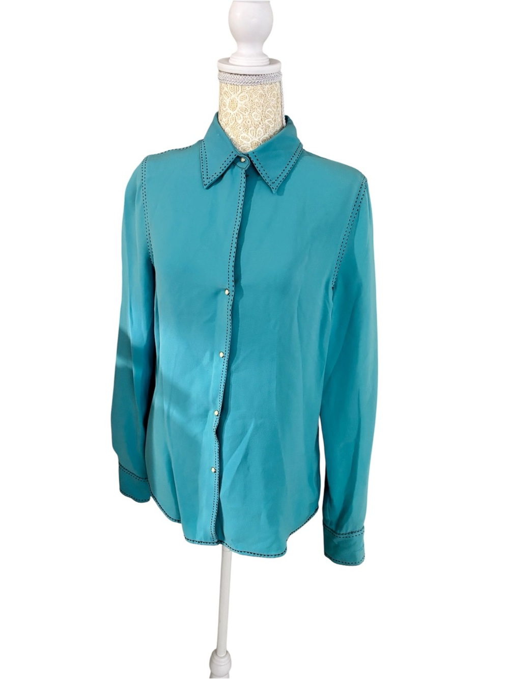 100% Silk Teal Button-Down Shirt with Stitch Detail - Women’s Long Sleeve Top